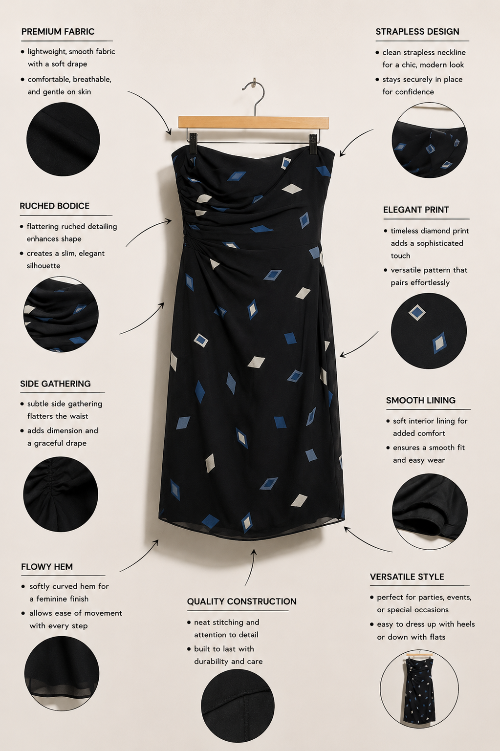 Armani Collezioni Dress Strapless Silk Diamonds Navy/Grey Size 10