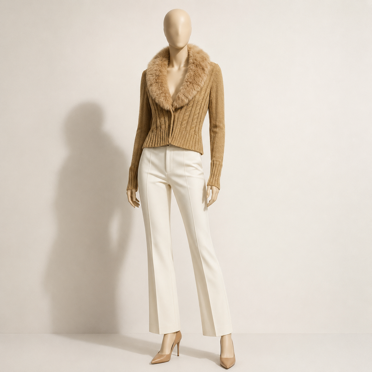 OXOXO Collection open sweater long sleeve w/ fur collar Tan Ladies size L