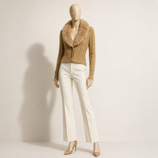 OXOXO Collection open sweater long sleeve w/ fur collar Tan Ladies size L