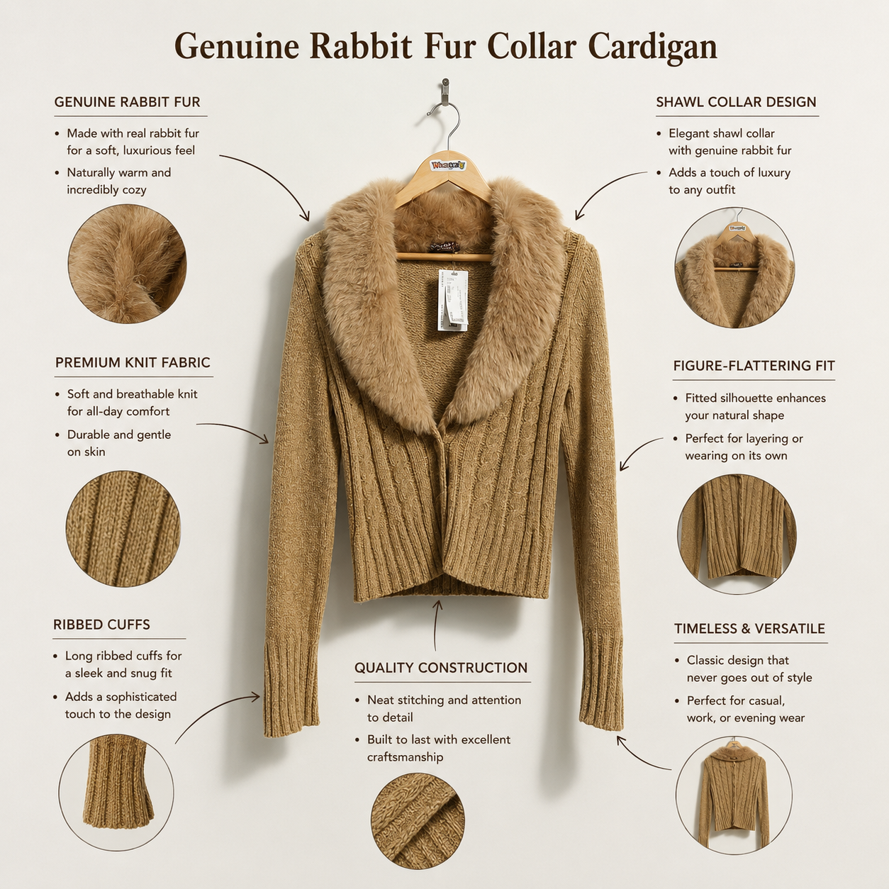OXOXO Collection open sweater long sleeve w/ fur collar Tan Ladies size L