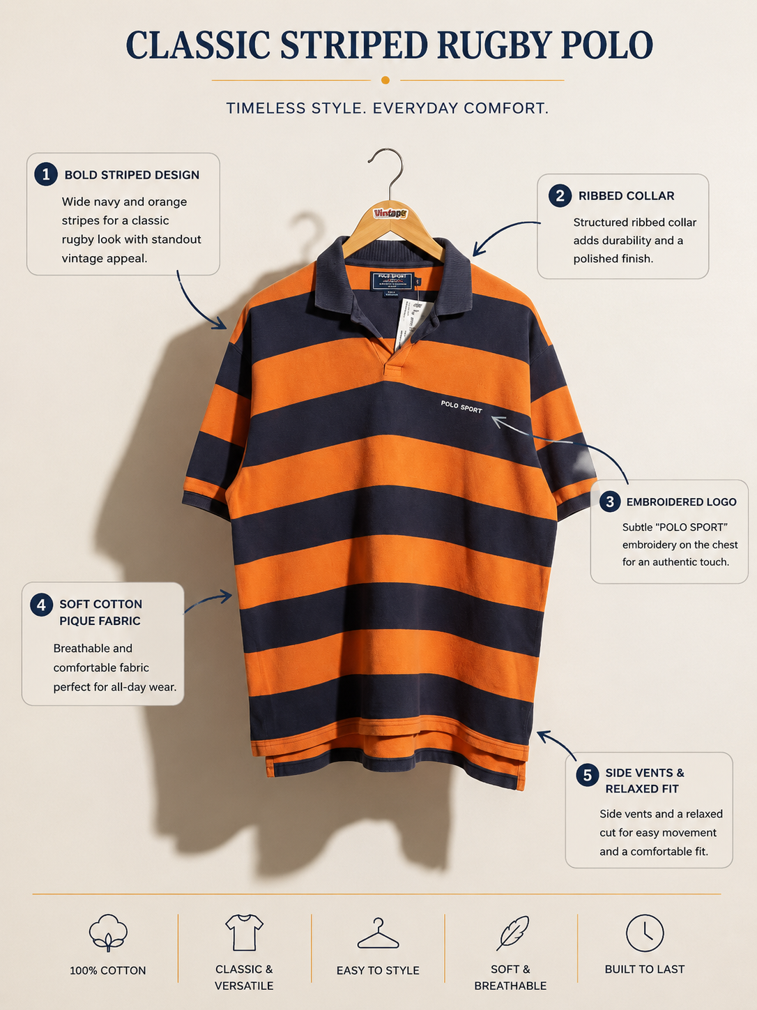 Polo Sport Vintage Polo Orange/Navy Men’s Size L