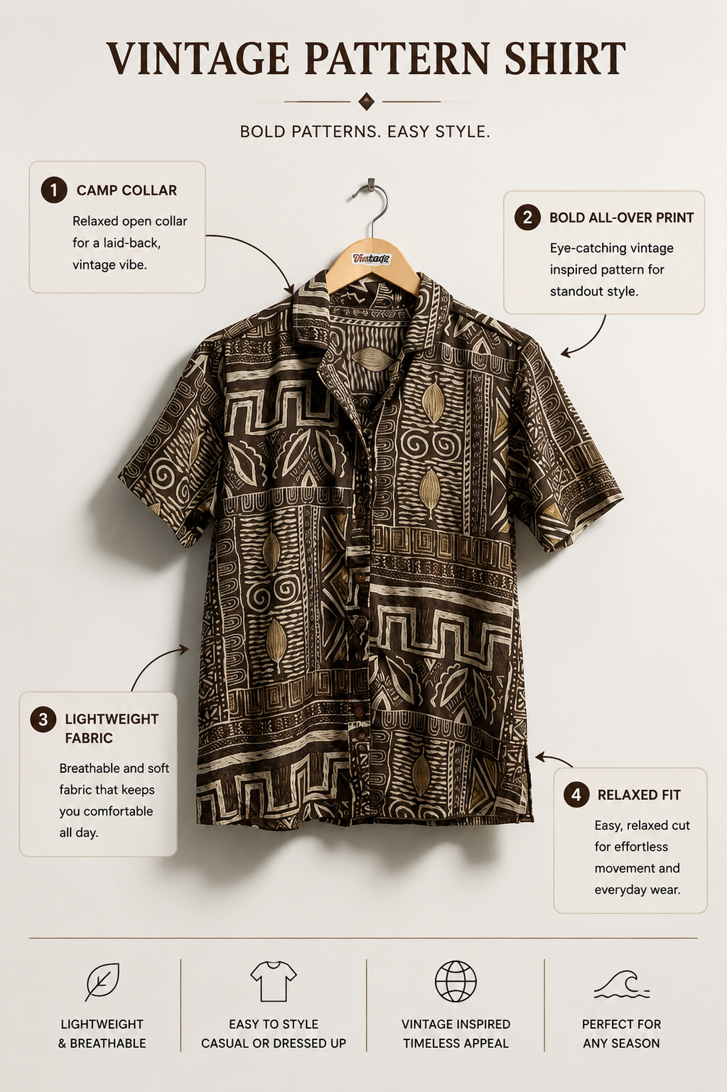 Vintage Silk Button Down Aztec Print Brown Men’s Size M