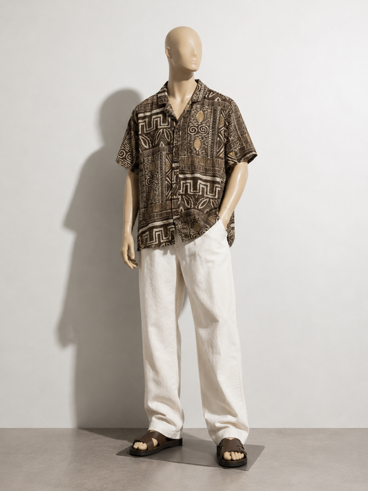 Vintage Silk Button Down Aztec Print Brown Men’s Size M