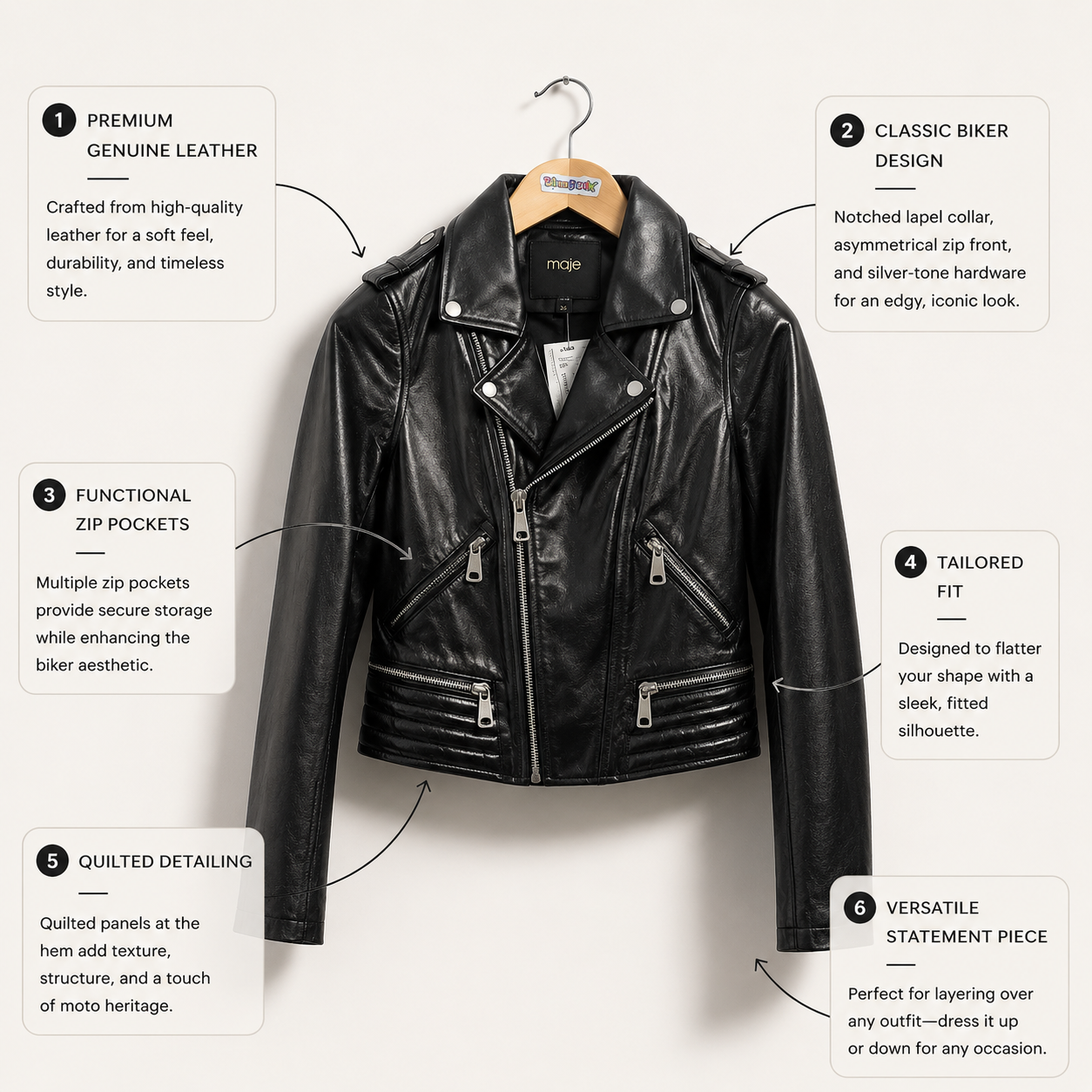 Maje Biker Style Leather Jacket Black Size XS