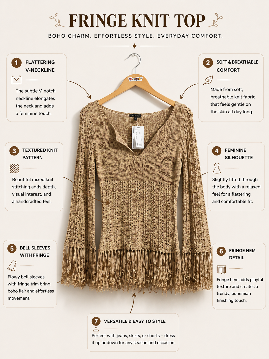 Arden B Top Woven Tassels Brown Ladies Size M