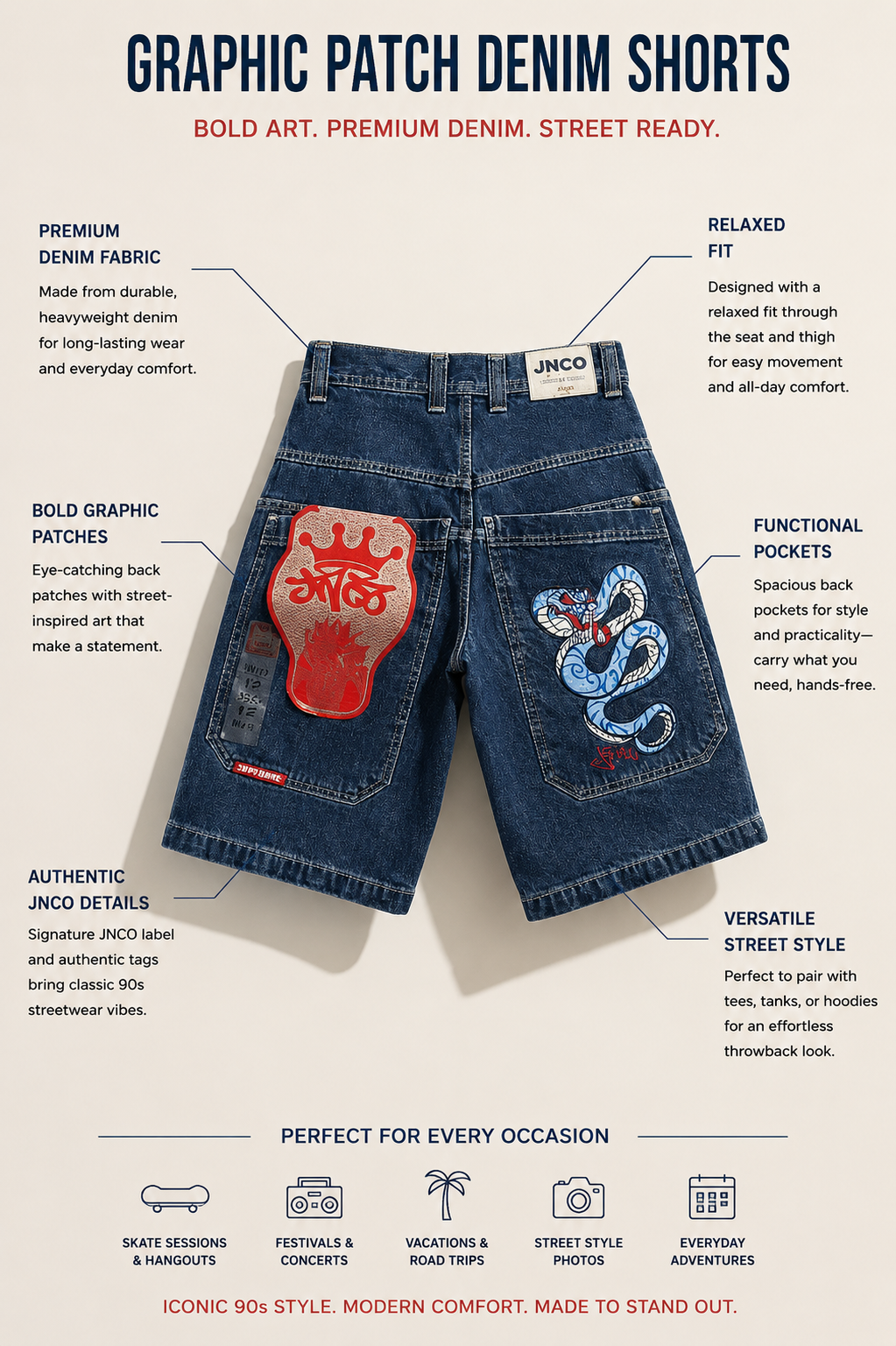 NWT JNCO Jeans Jean Shorts Dragon Pocket Blue Ladies Size 26
