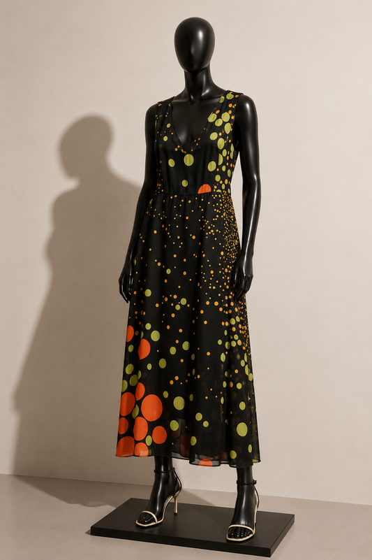 Johnny Was Silk Maxi Dress Tank Dots Black/Green/Yellow Size L