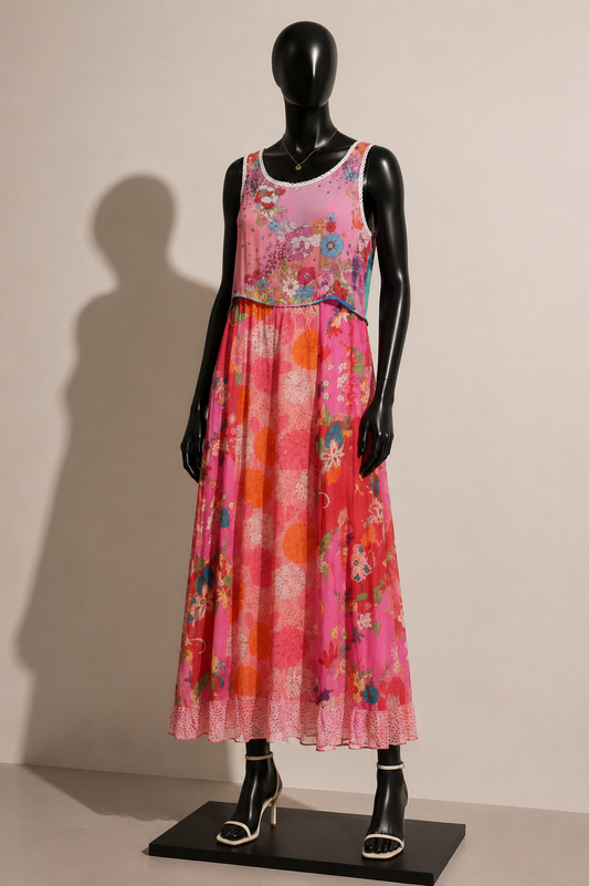 Johnny Was Maxi Dress Silk Tank with Slip Floral Pink/Multi Size L