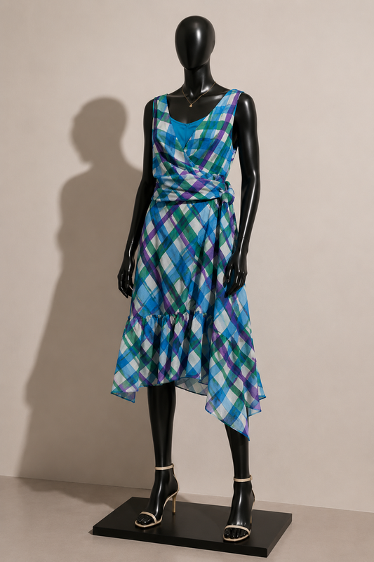 Anna Sui Silk Vintage Midi Dress Tank Painted Plaid Blue/Purple/Green Size 12
