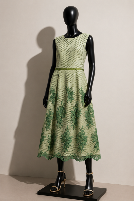Sara Campbell Midi Dress Checker Mesh Floral Bottom Beige/Green Size 14