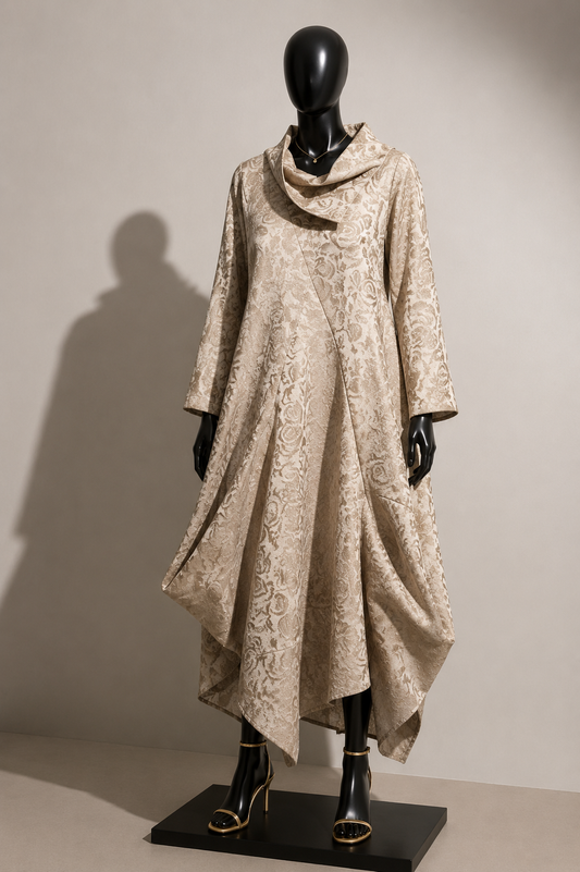 Dress To Kill Long Sleeve Dress Cowl Neck Floral Metallic Tan Size OS