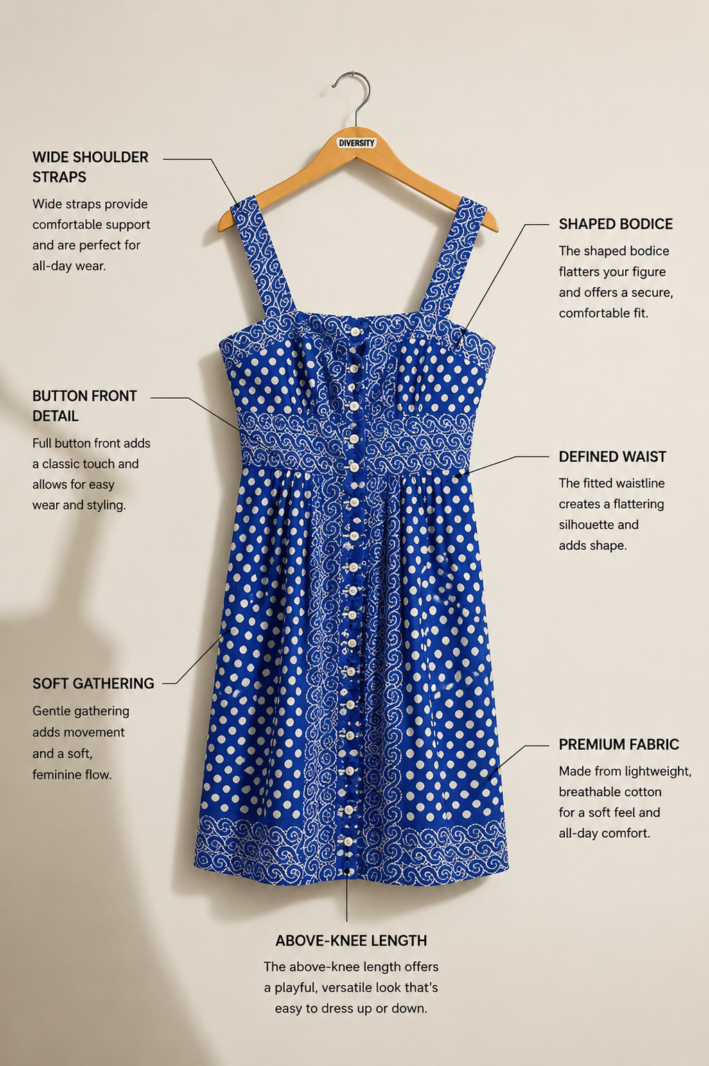 Plenty Mini Dress Tank Dots Buttons Blue/White Size 4