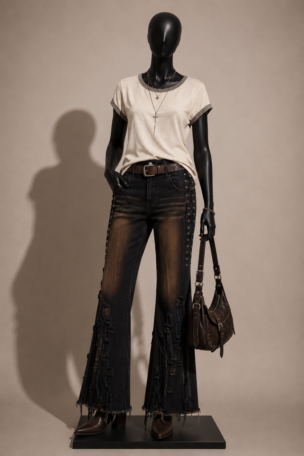 Namilia Patchwork Lace Side Brown Jeans Size S