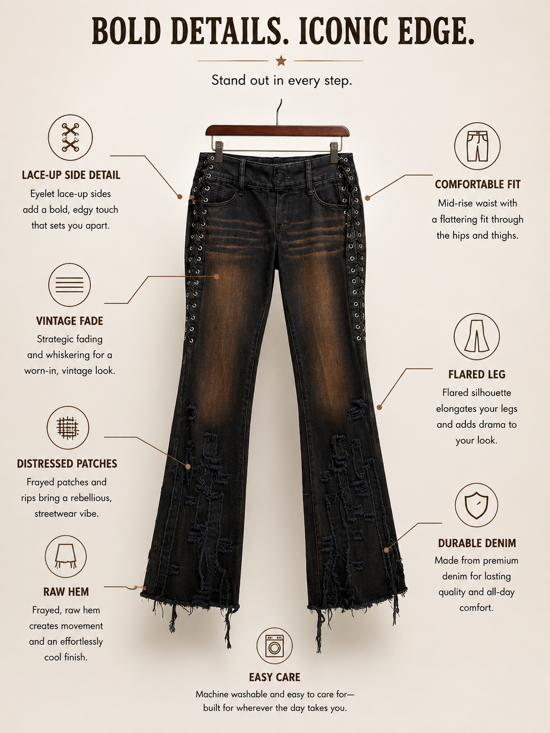 Namilia Patchwork Lace Side Brown Jeans Size S