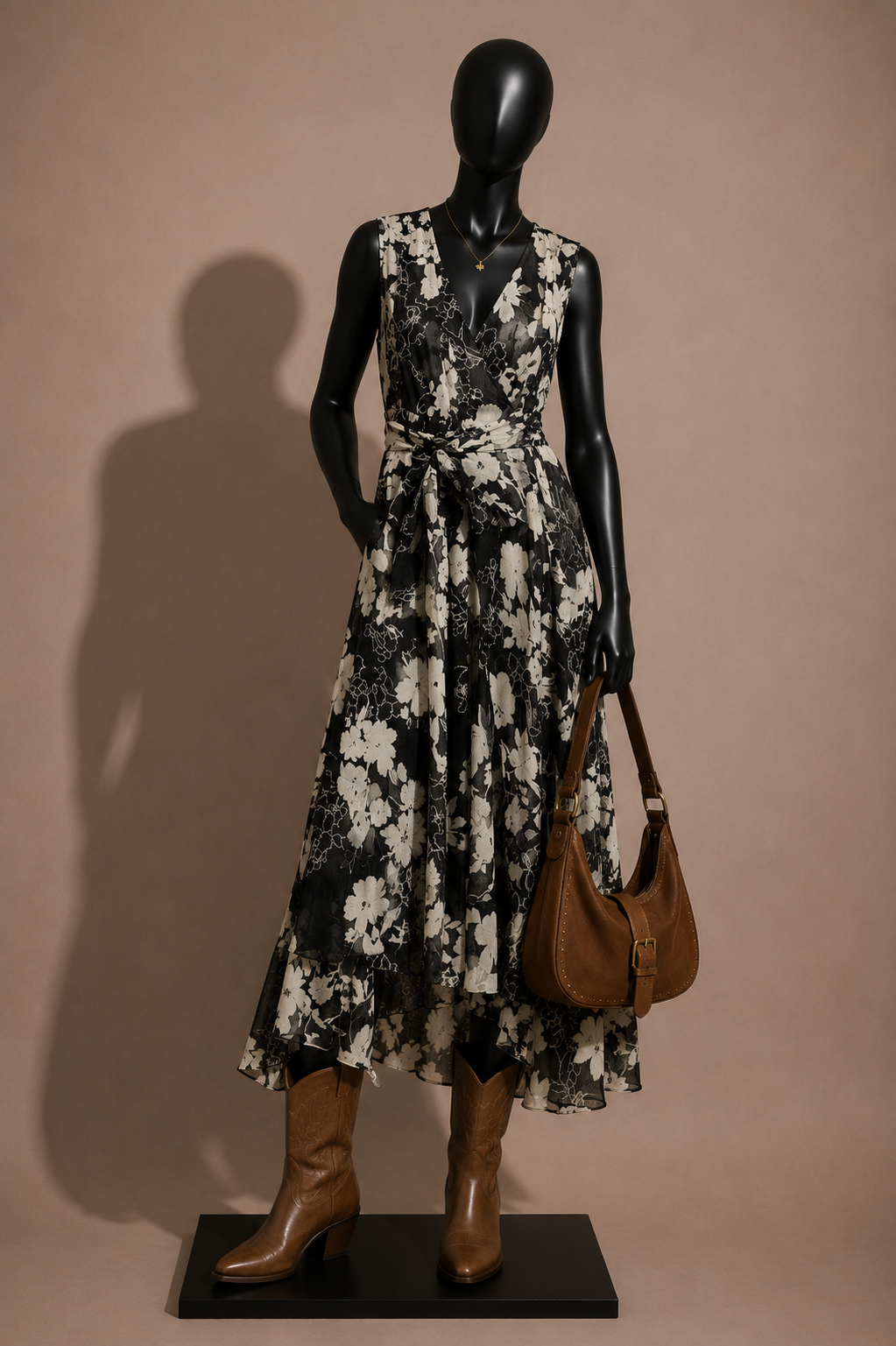 iCE Y2K Maxi Dress Tank Wrap Floral Silk Black/Beige Size 6