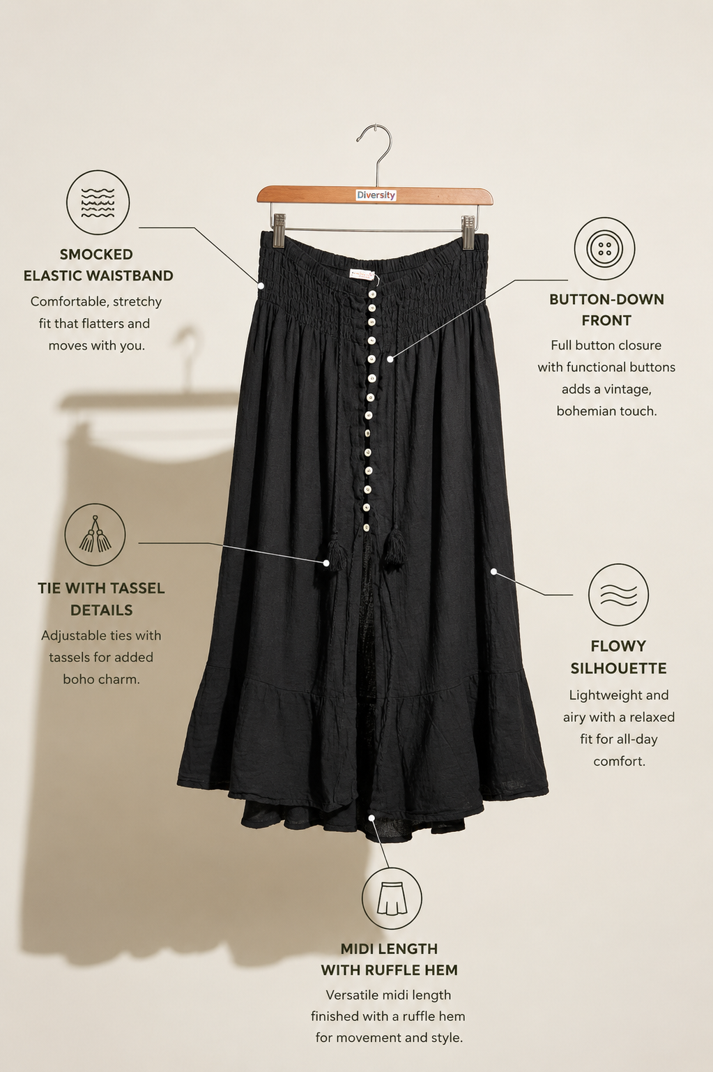Gigi Moda Skirt Linen MOP Buttons Front Slit Black Ladies Size L