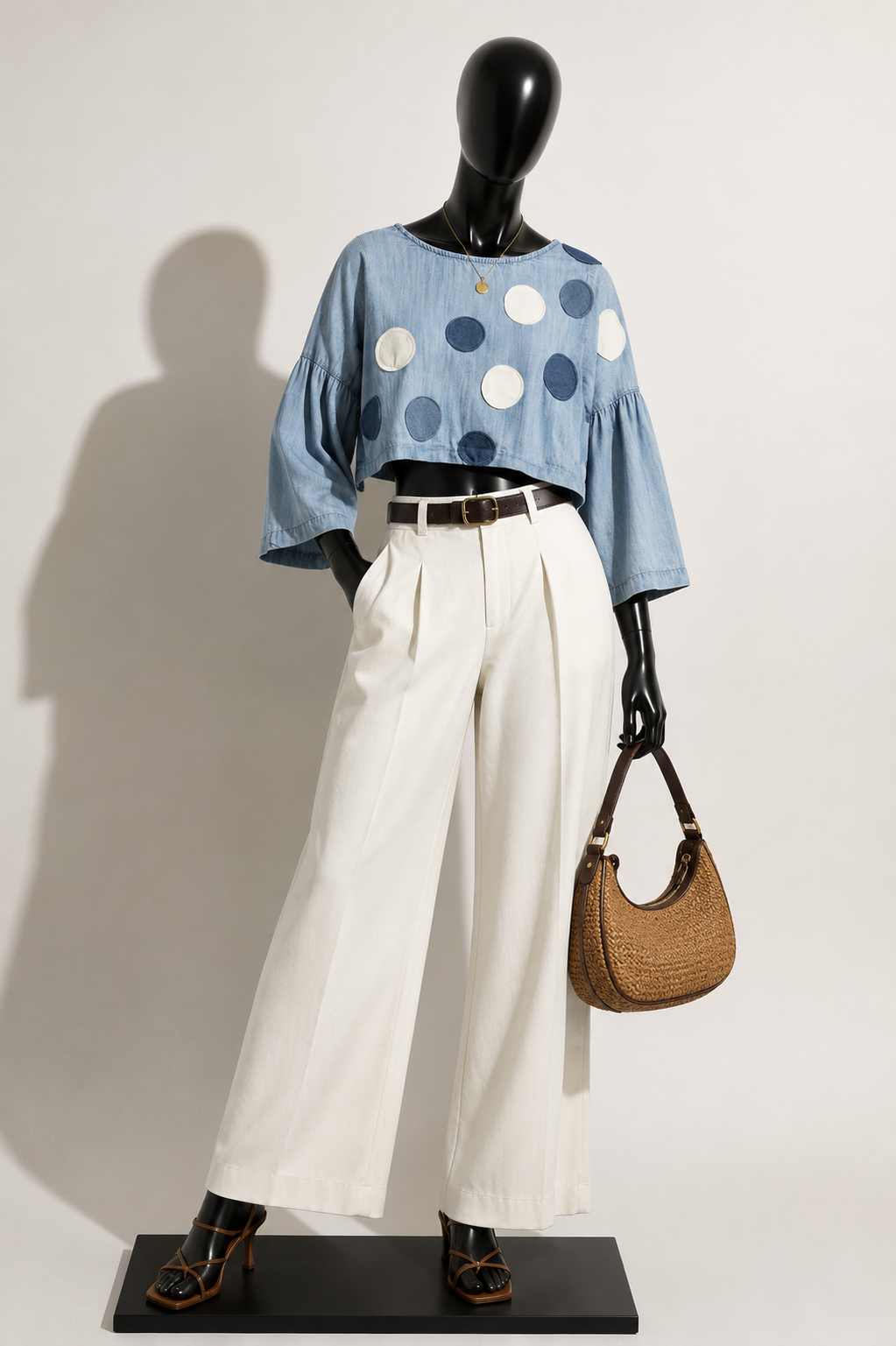 Re_Anna_Mated x Side Stitch 3/4 Sleeve Blouse Blue/White Ladies Size L