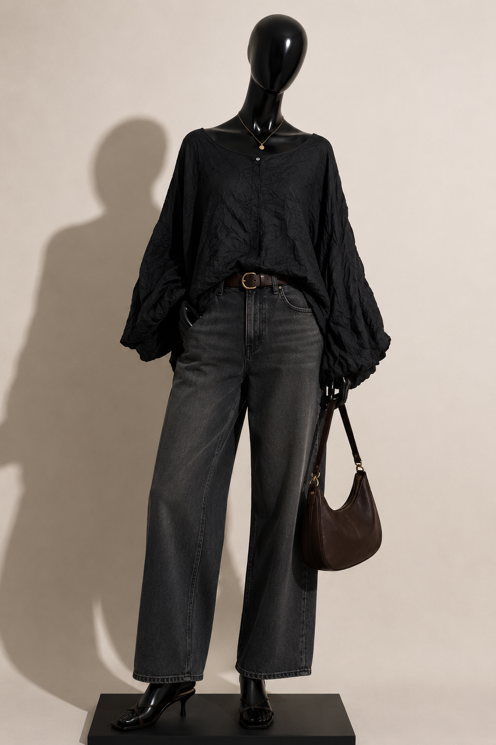 Noblu Top 1/2 Sleeve Crinkle Black Size L