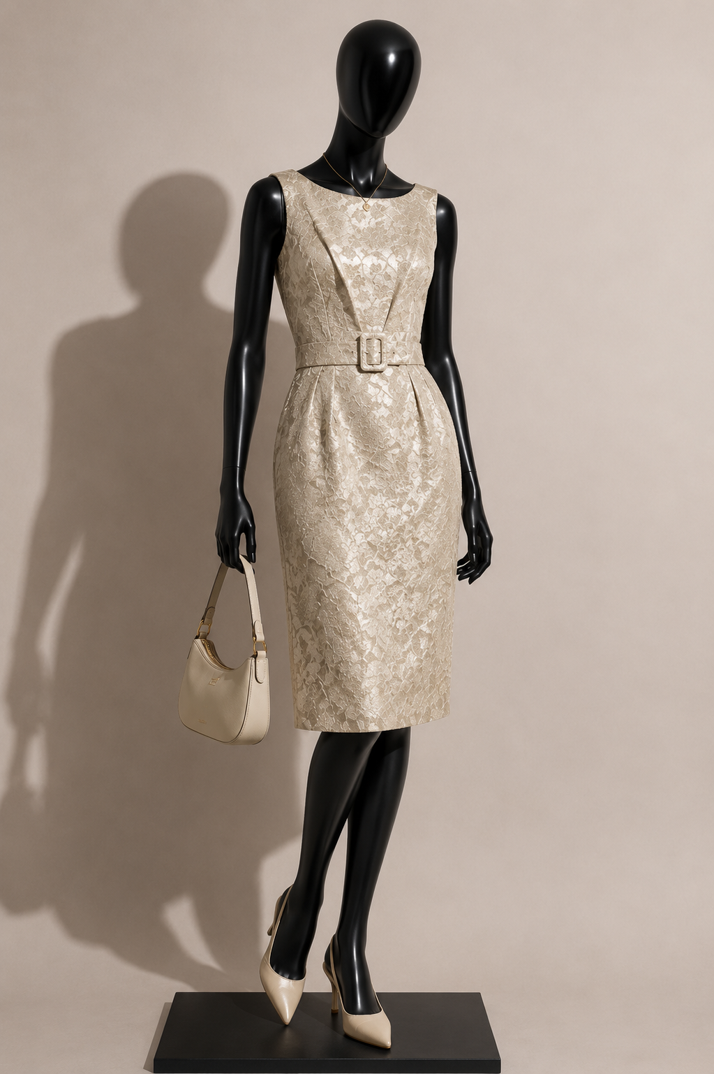 Vintage Midi Dress Tank Floral Brocade Belt WhiteSilver Ladies Size L