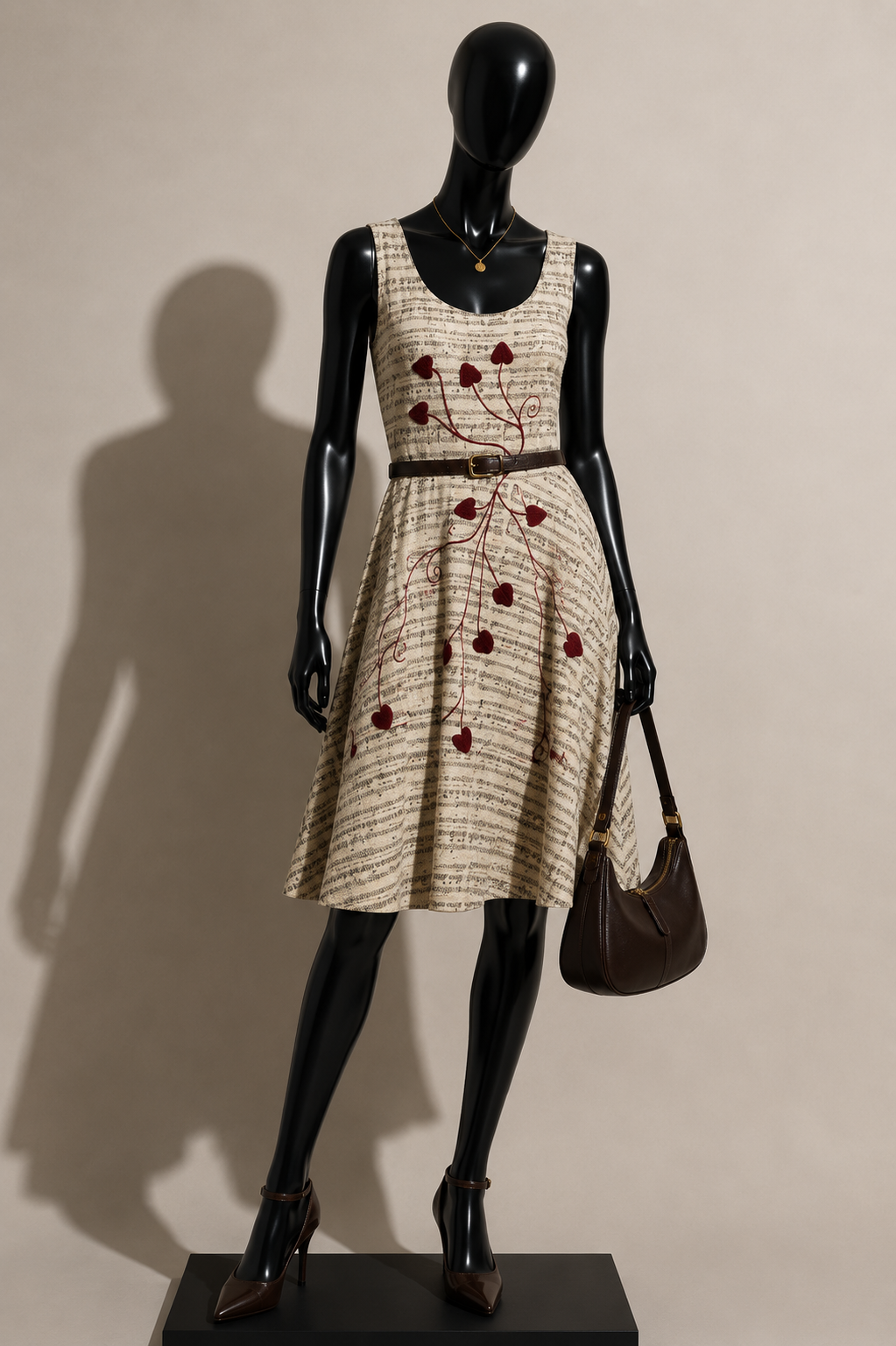 Effie's Heart Tank Dress Music Notes Hearts Beige/Black/Red Size XL