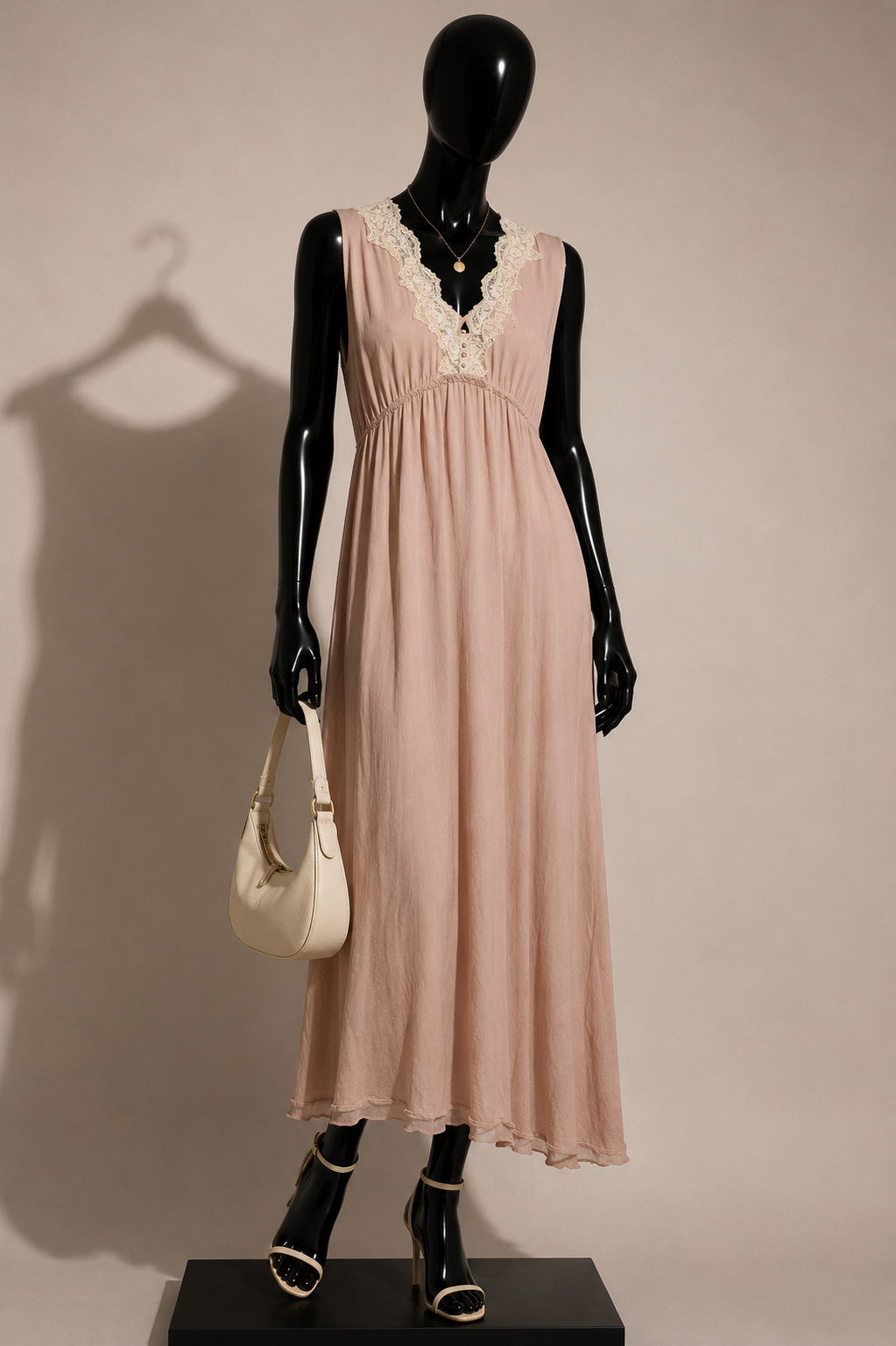Silk Maxi Dress V Neck Lace Trim Pink/White Ladies Size L