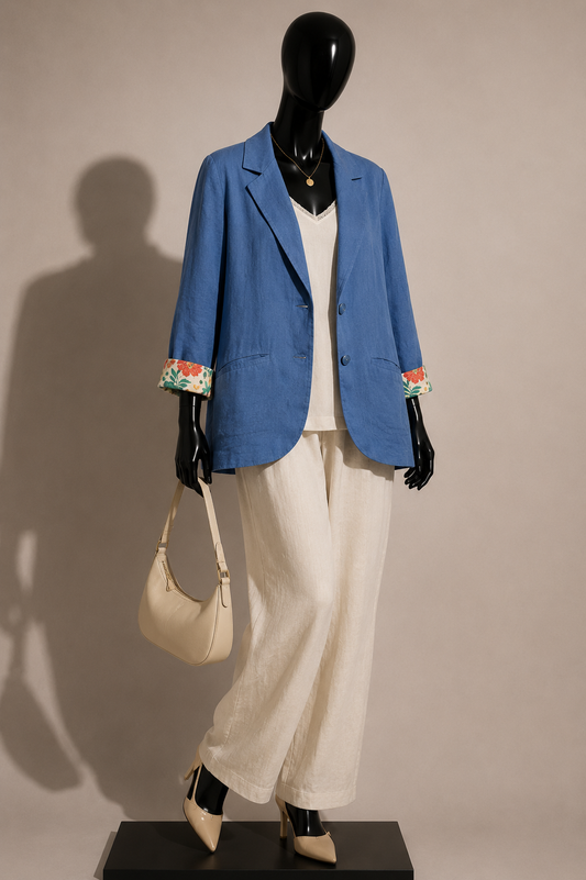 NWT Gudrun Sjoden Blazer Linen Blend Floral Trim Blue Ladies Size M