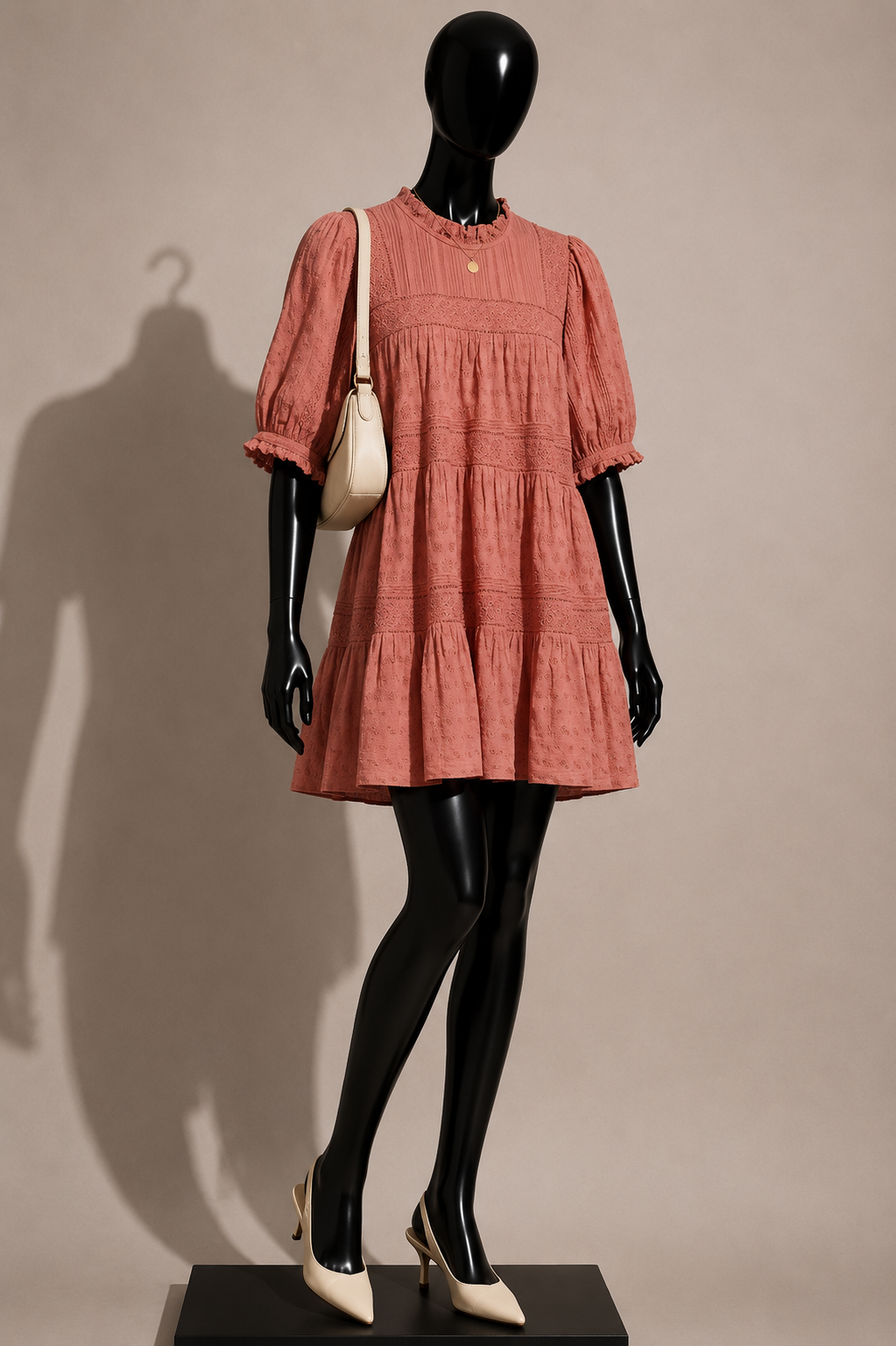 Doen Mini Dress Short Sleeve Lace Trim Floral Salmon Size L