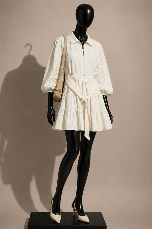 Free People Mini Dress Long Sleeve Belted White Size M