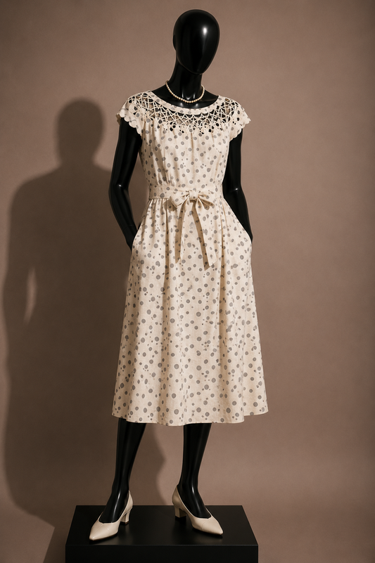 Tatyana Midi Dress Polka Dots Wide Netting Collar Pink/Black Size M