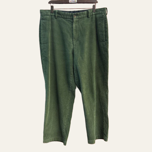 Brooks Brothers green corduroy pants on off white background
