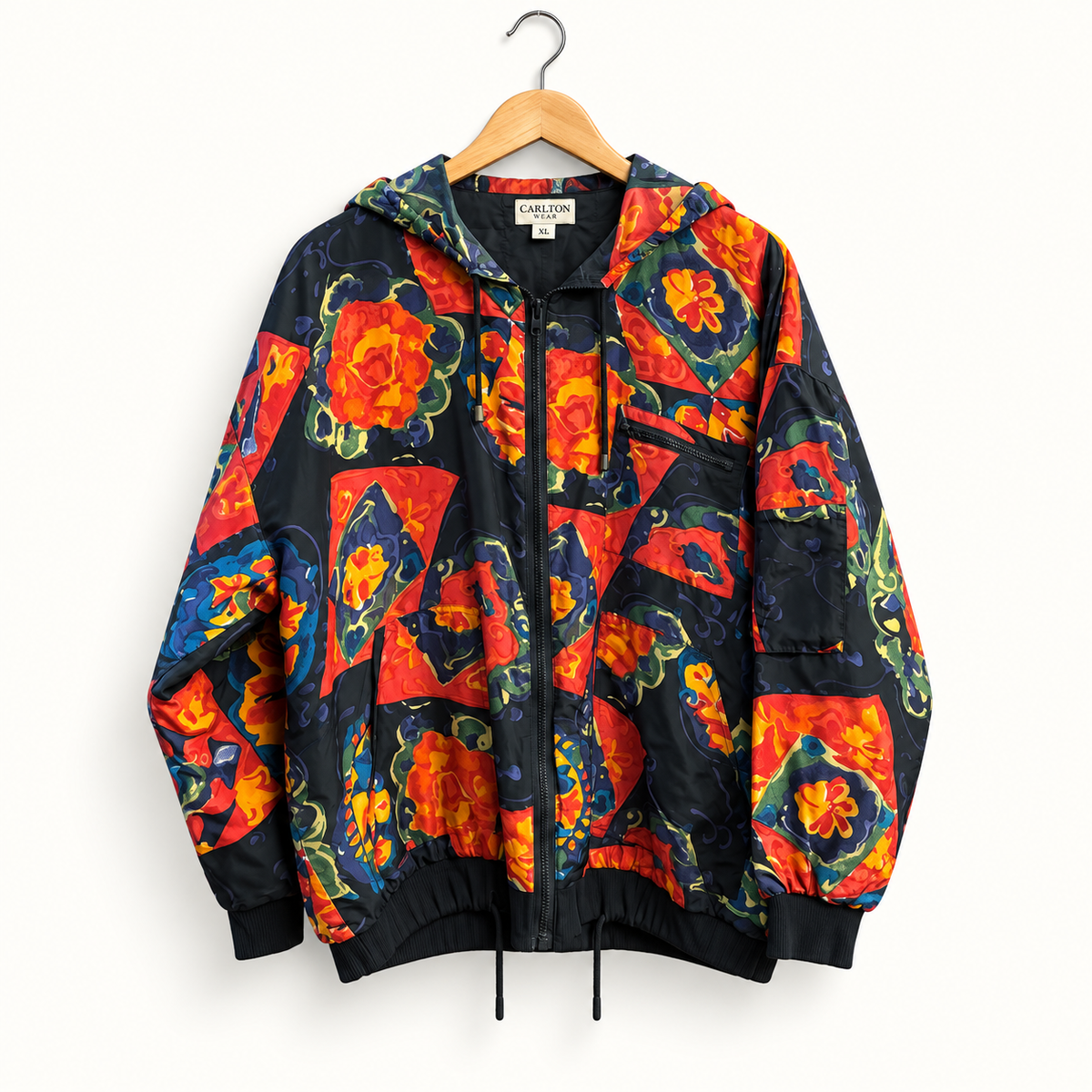 Carol Horn floral silk hooded jacket on warm off white editorial background