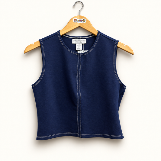 Caroline Constas navy tank on off white editorial background
