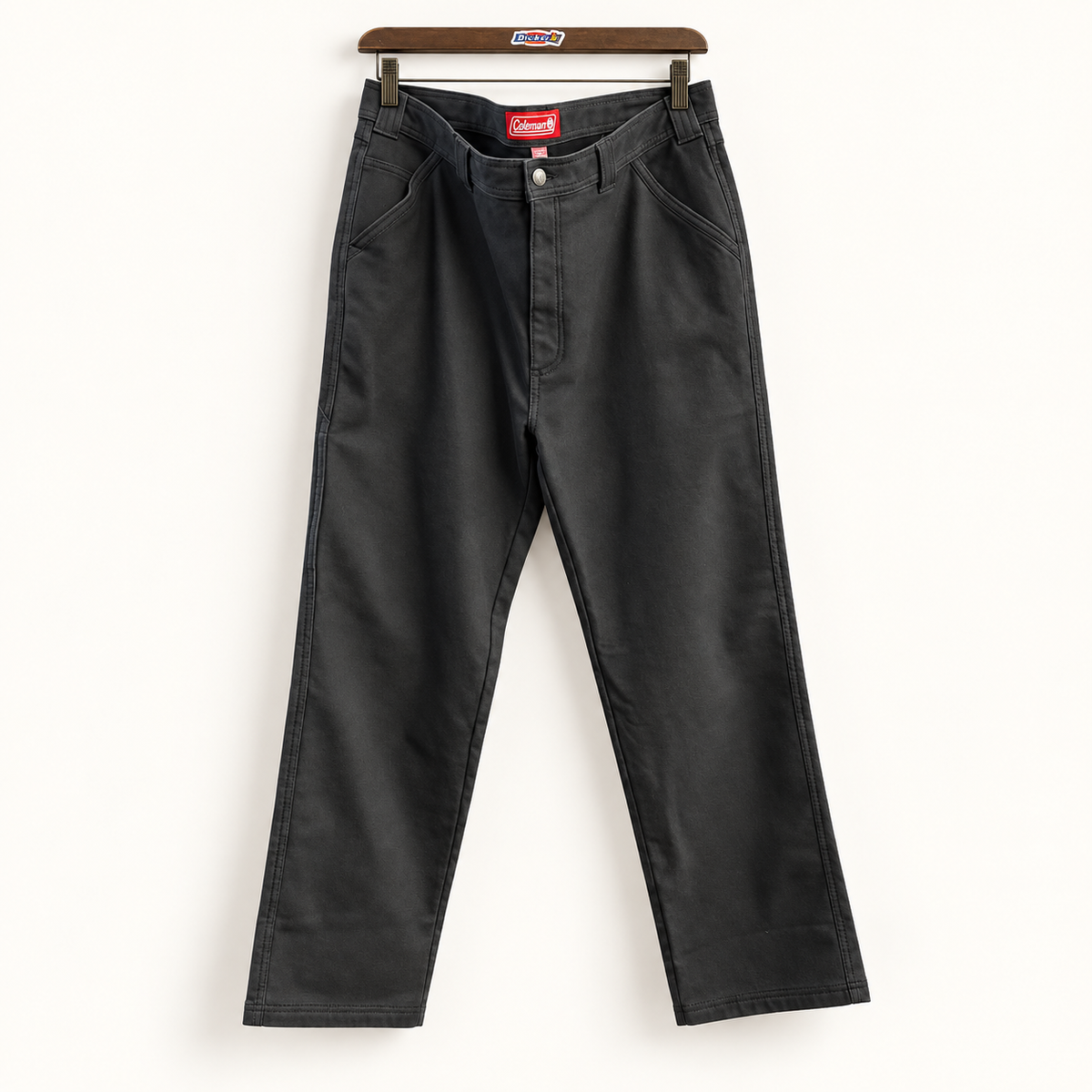 Coleman grey fleece lined canvas pants on warm off white editorial background