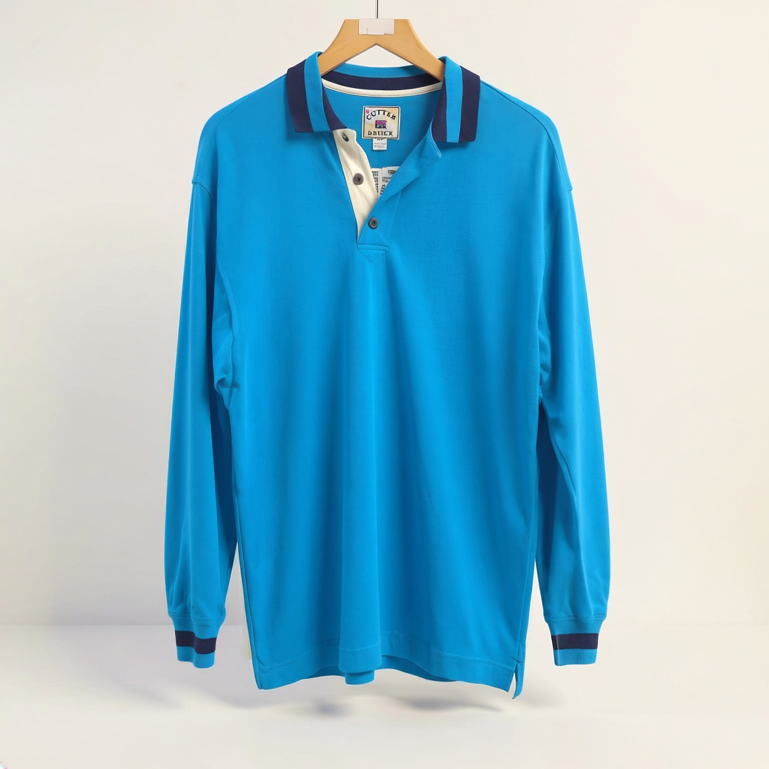 Cutter and Buck Long Sleeve Rugby Polo on off-white editorial background