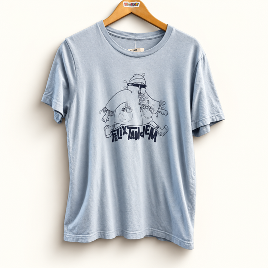 Felix Tandem light blue graphic tee on off white editorial background