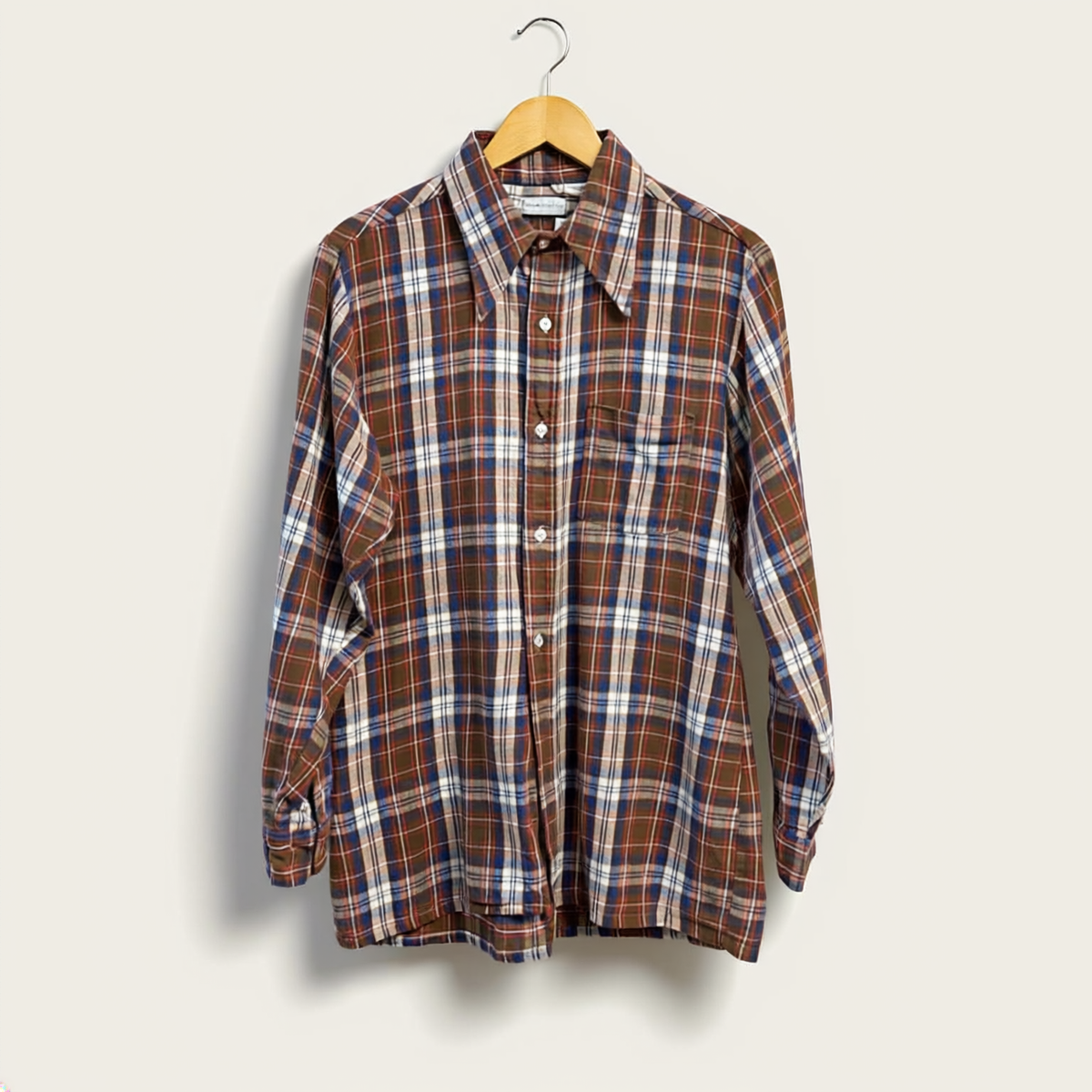 Filene's Vintage Flannel Brown/Blue/Red Size L on off white editorial background