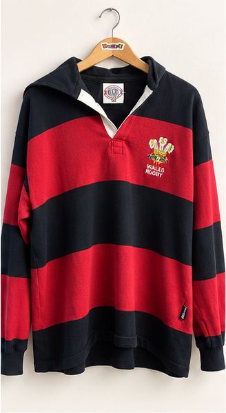 Halbro Wales rugby striped hooded shirt on warm off white editorial background