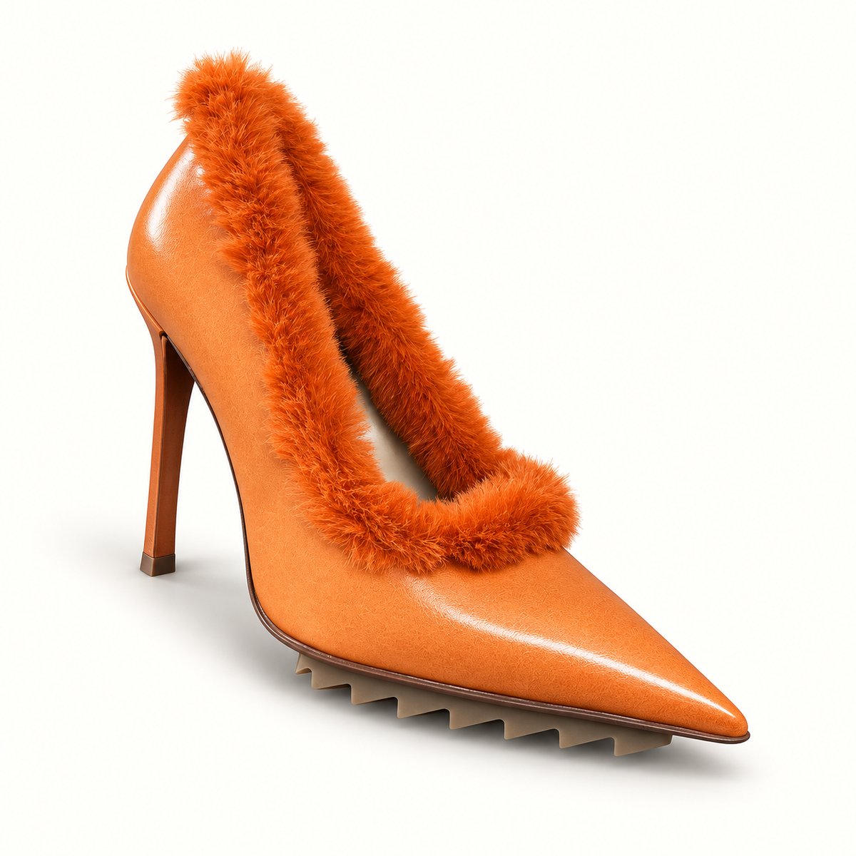 Iceberg furry orange heels on off white editorial background