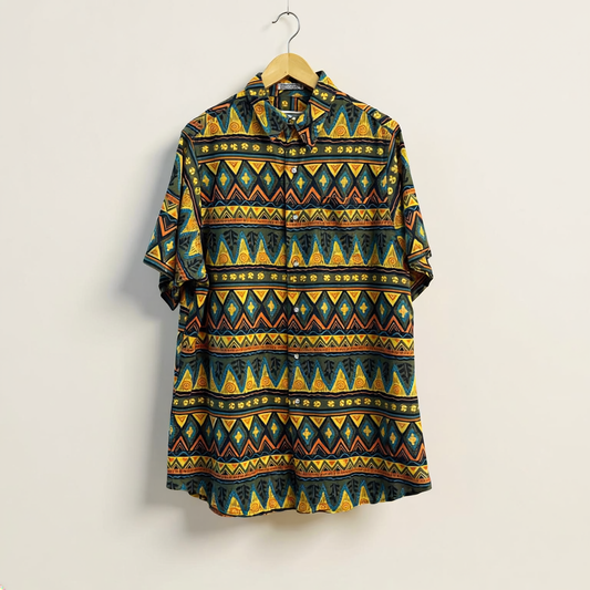 INC Vintage Button Up Linen Blend Short Sleeve Single Needle Pattern Yellow/Teal/Olive Size L on off white editorial background
