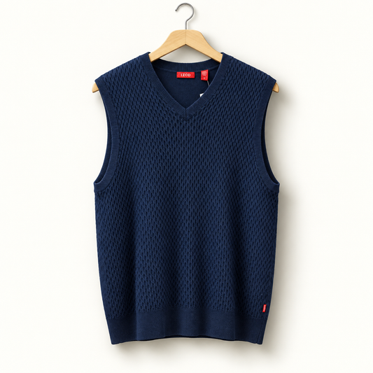 Izod navy sweater vest on off white editorial background