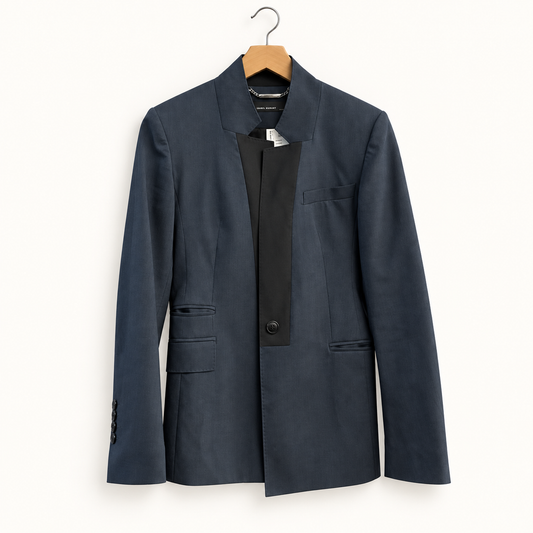 Karen Millen navy bandless collar blazer on off white background