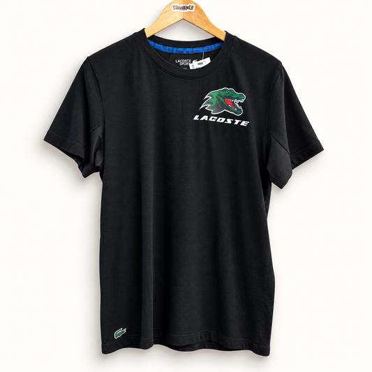 Lacoste Sport black gator logo tee on off white editorial background