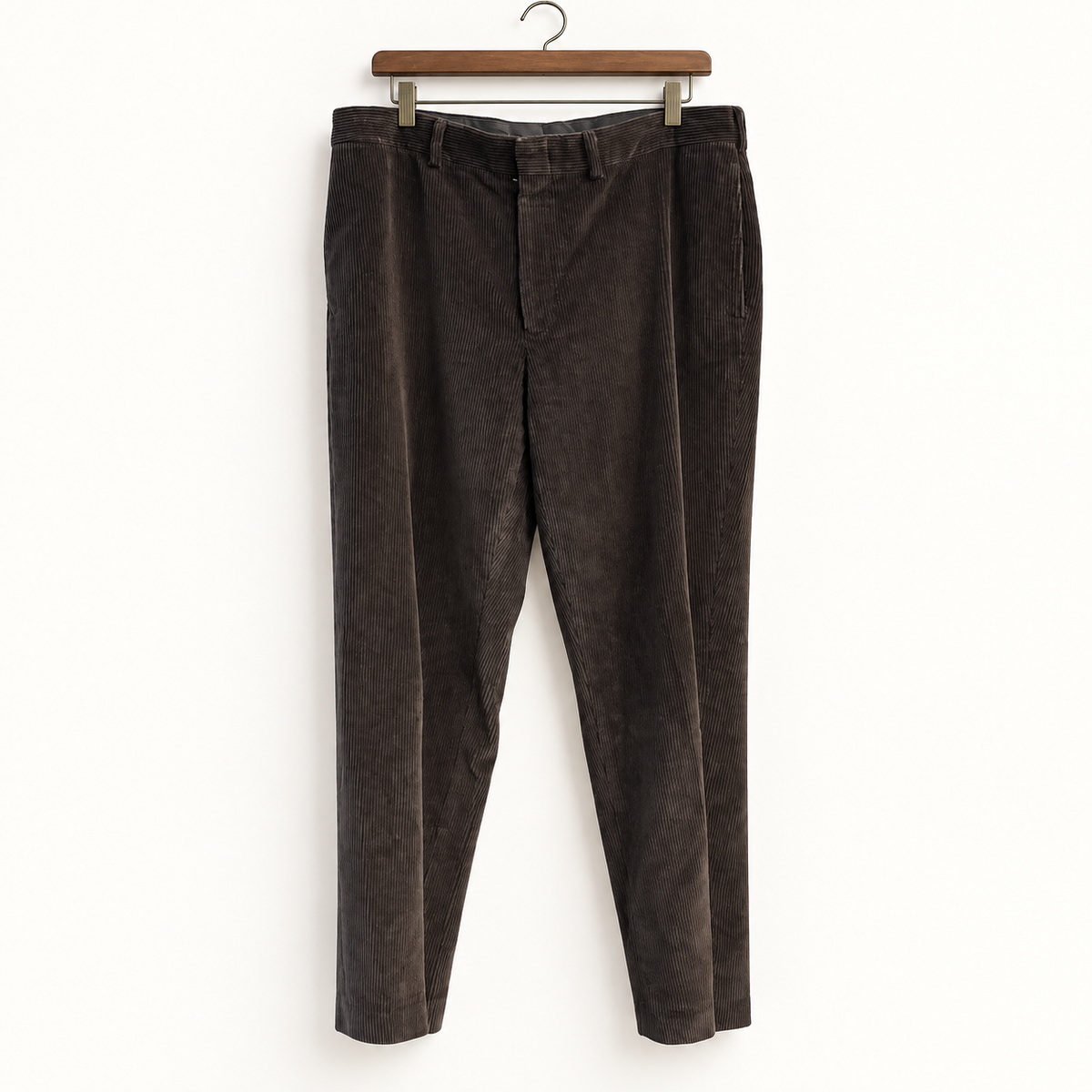 Lands End brown corduroy pants on off white background