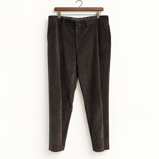 Lands End brown corduroy pants on off white background