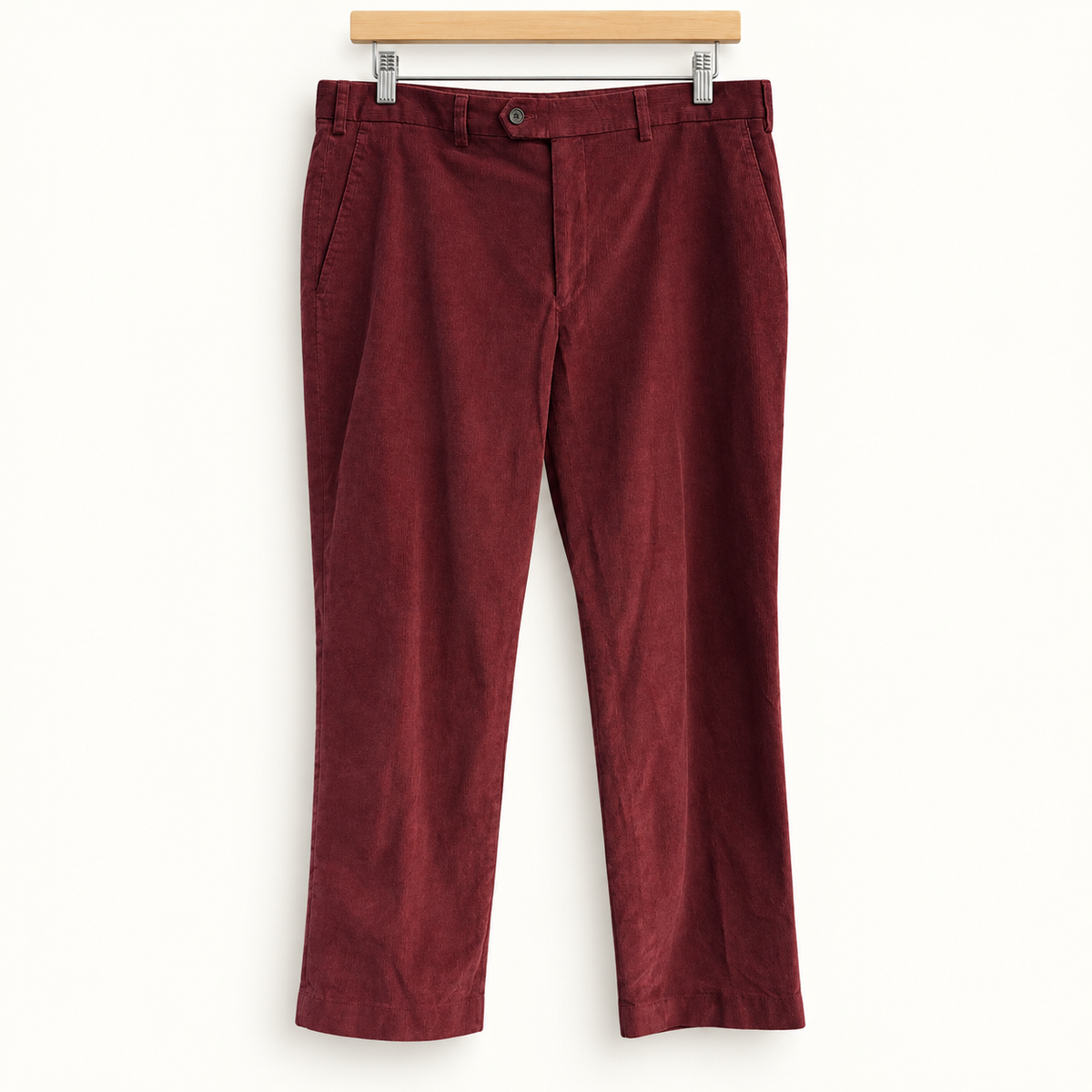 Lauren Ralph Lauren burgundy corduroy pants on off white background