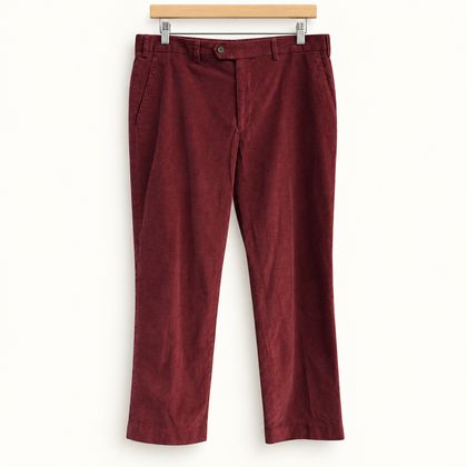 Lauren Ralph Lauren burgundy corduroy pants on off white background