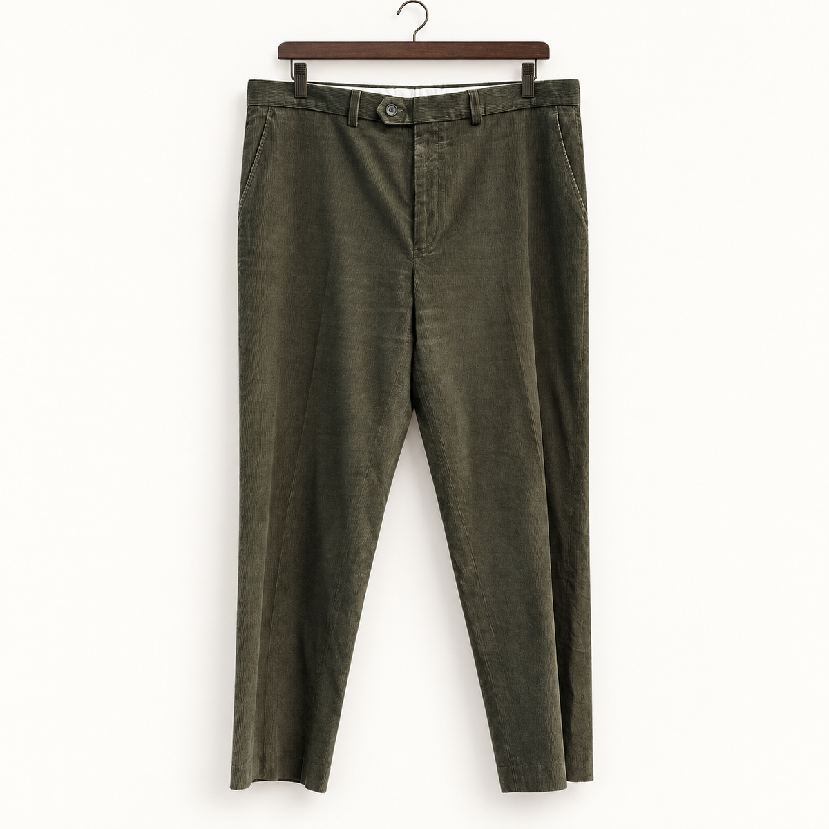 Lauren Ralph Lauren grey corduroy pants on off white background