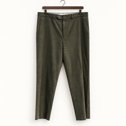 Lauren Ralph Lauren grey corduroy pants on off white background