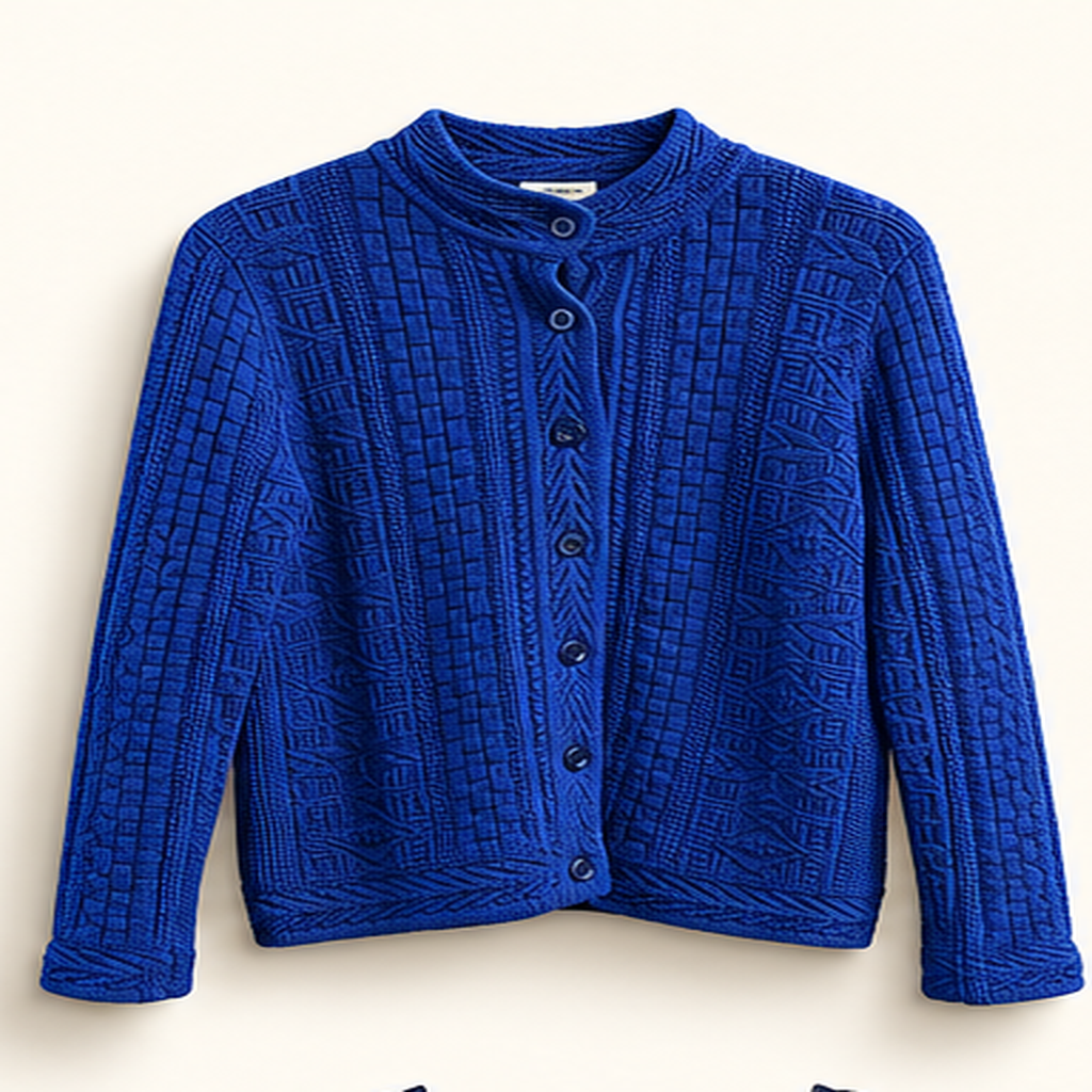 LL Bean blue knit button down sweater on off white editorial background