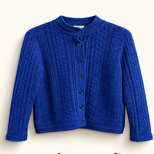 LL Bean blue knit button down sweater on off white editorial background